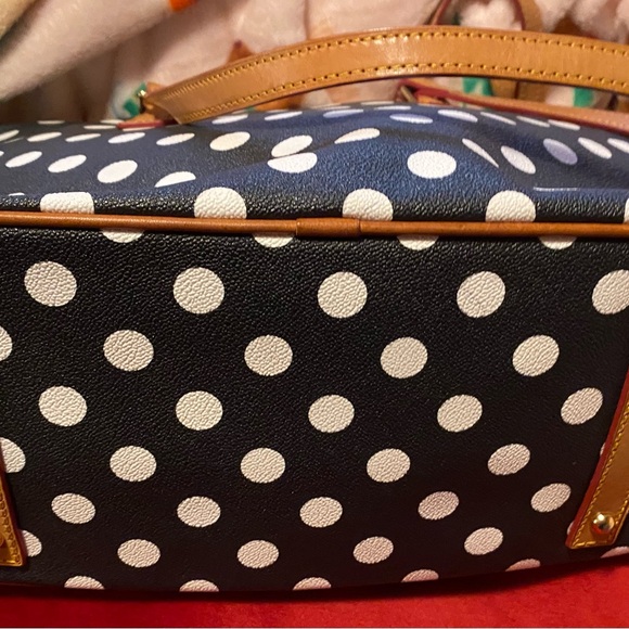Dooney & Bourke Black and White Polka Dot Tote with Tan Straps - Picture 2 of 7